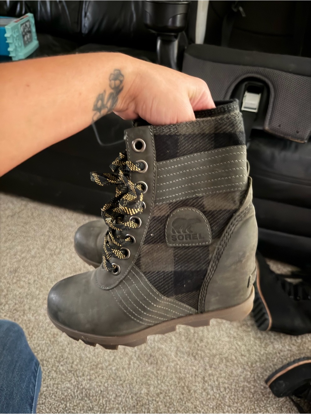 Sorel Women's Olive Plaid Lace-Up Wedge Boot